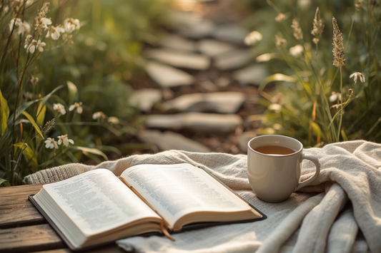 Fresh air and quiet prayer devotional scene with Bible, mug, and nature path