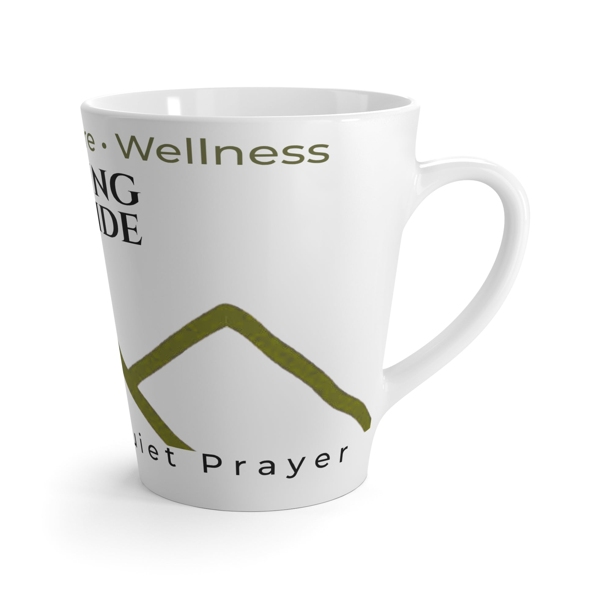 Side view of the Healing Outside™ 12 oz ceramic latte mug showing the C-handle and wraparound mountain artwork inspired by peaceful outdoor living.