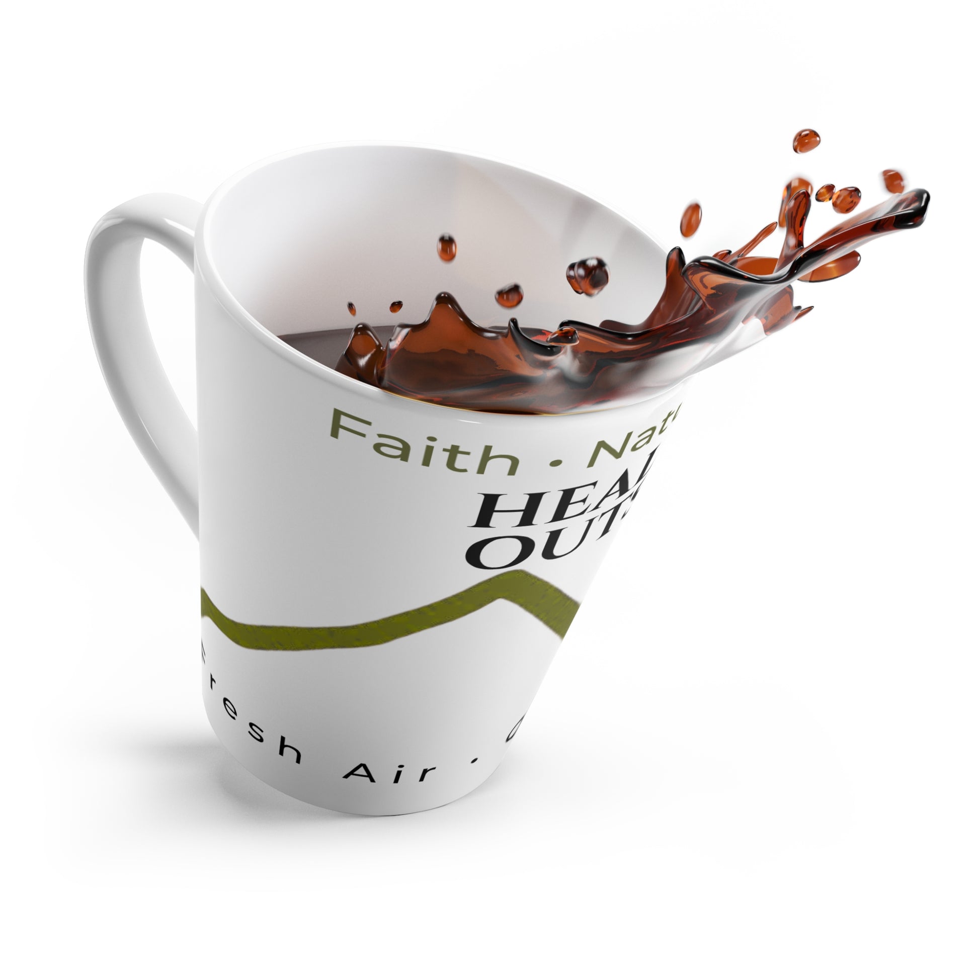 Healing Outside™ ceramic latte mug with a dramatic coffee splash, showcasing the wraparound mountain design and faith-inspired outdoor lifestyle theme.
