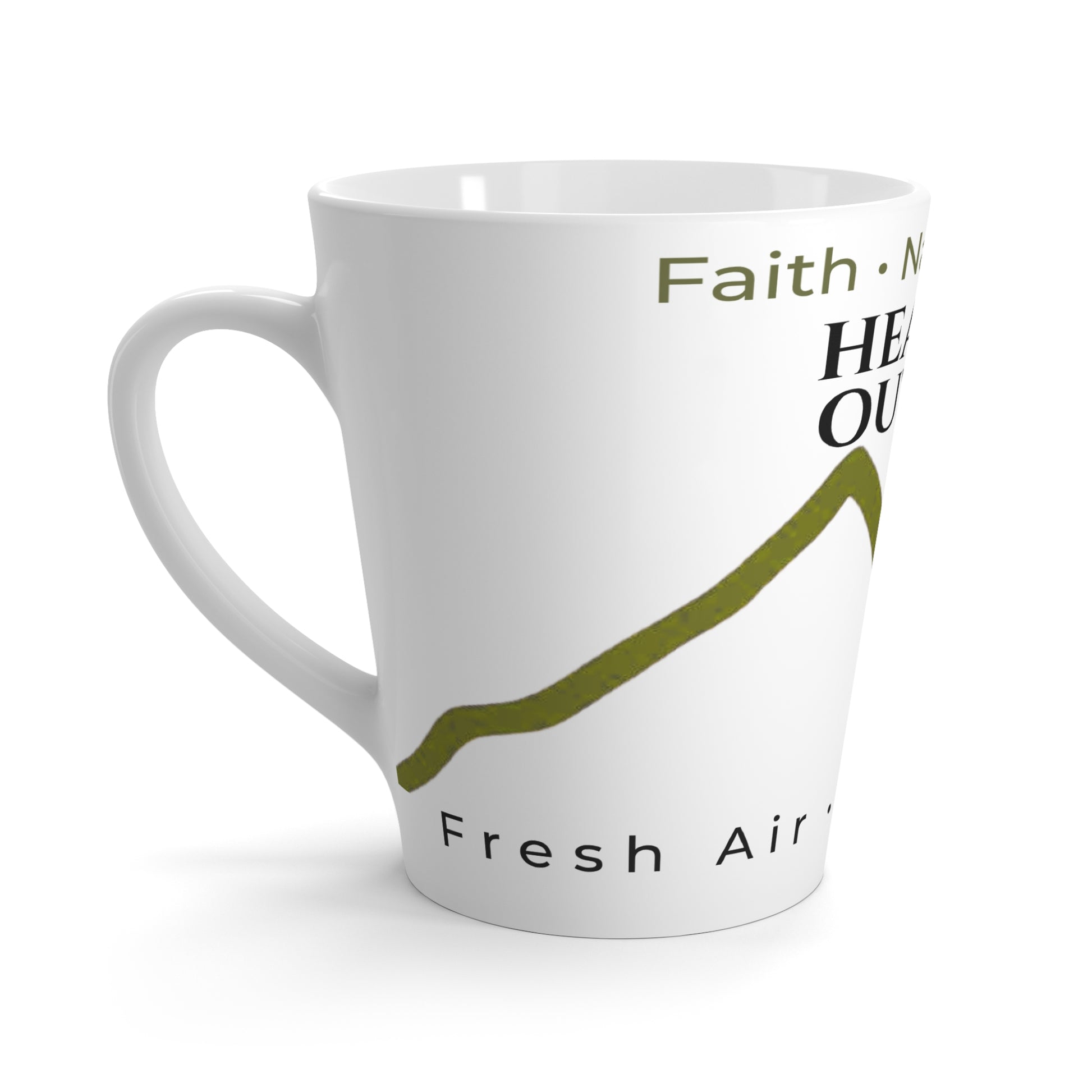 Side view of the Healing Outside™ 12 oz ceramic latte mug showing the C-handle and wraparound mountain artwork inspired by peaceful outdoor living.