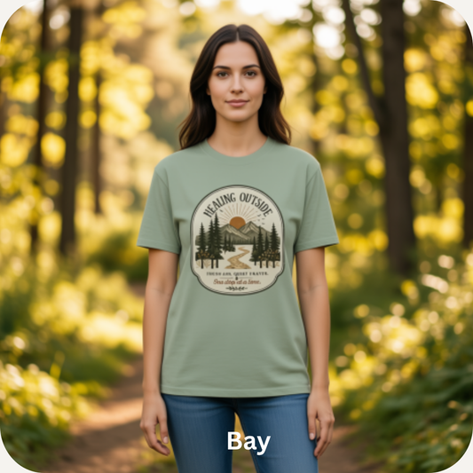Woman wearing a muted Bay green Healing Outside™ Christian nature  T-shirt in a peaceful outdoor setting, featuring mountains, trees, and the words “Fresh Air. Quiet Prayer. One Step at a Time.”