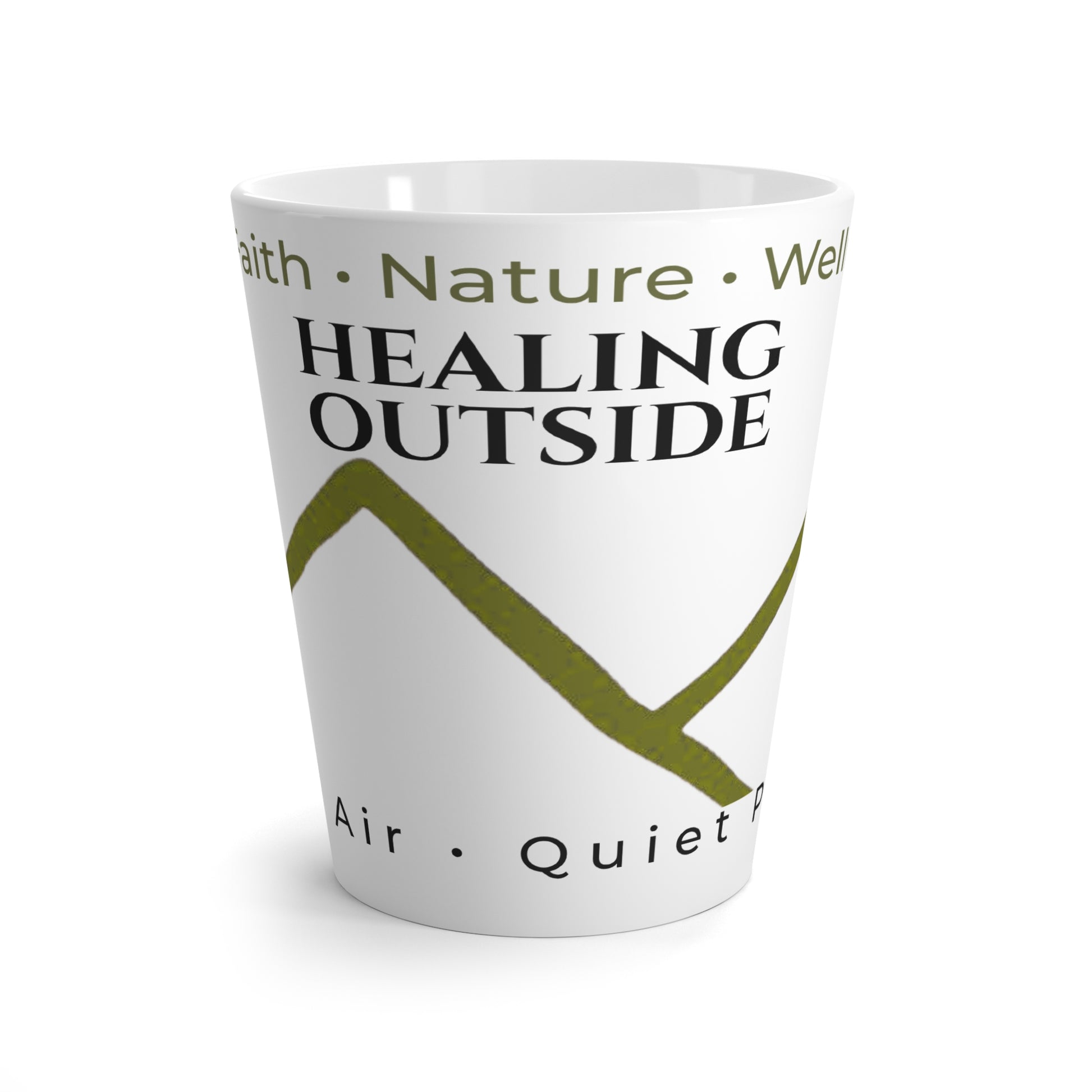 Front view of the Healing Outside™ white ceramic latte mug featuring a mountain-inspired design with the words "Healing Outside" and the message "Fresh Air. Quiet Prayer."