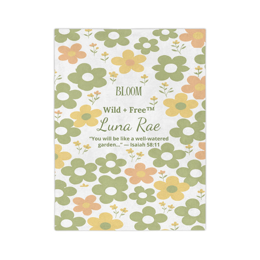 Personalized floral baby blanket with sage green, peach, and yellow flowers, custom baby name, and Isaiah 58:11 verse