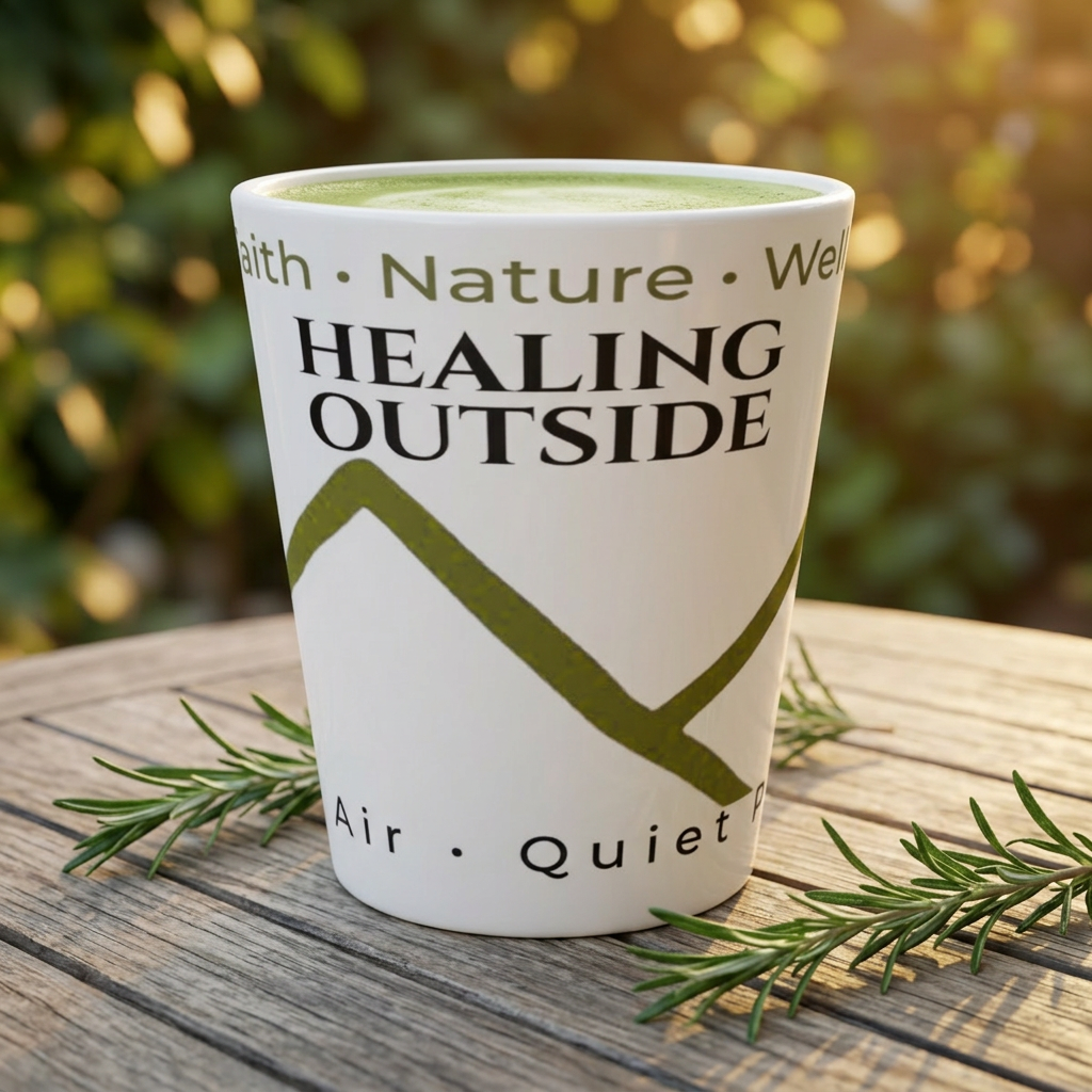 Healing Outside™ 12 oz white ceramic latte mug on a weathered wooden table with a matcha latte, rosemary sprigs, and warm golden-hour garden light, celebrating faith, nature, and wellness.
