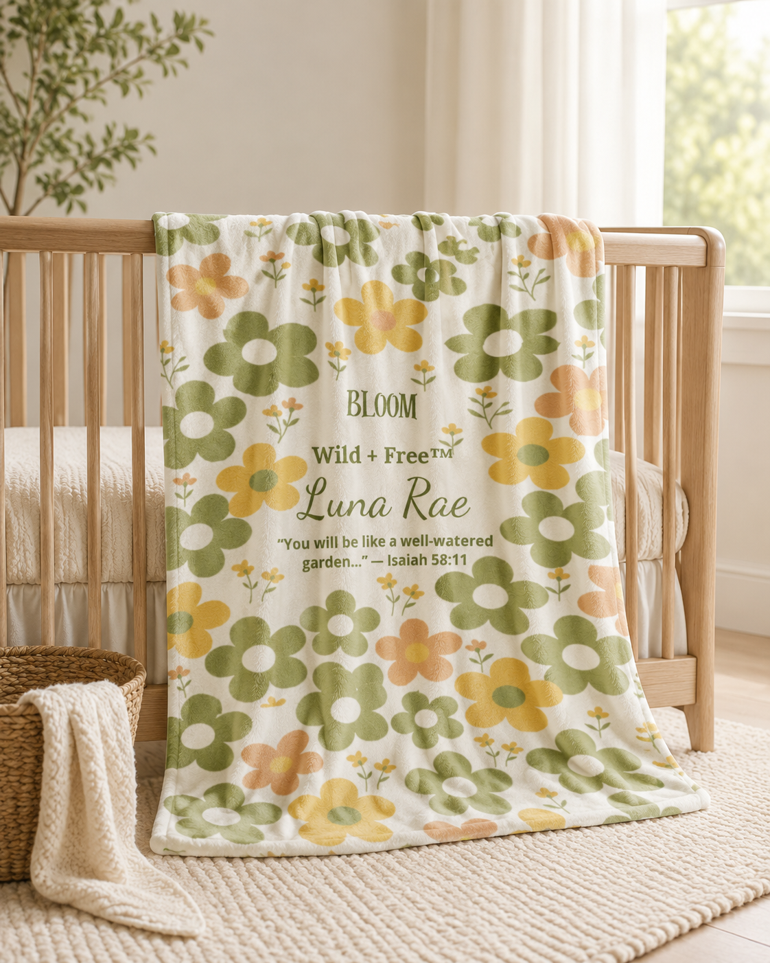 Personalized floral baby blanket draped over a light oak crib in a warm neutral nursery